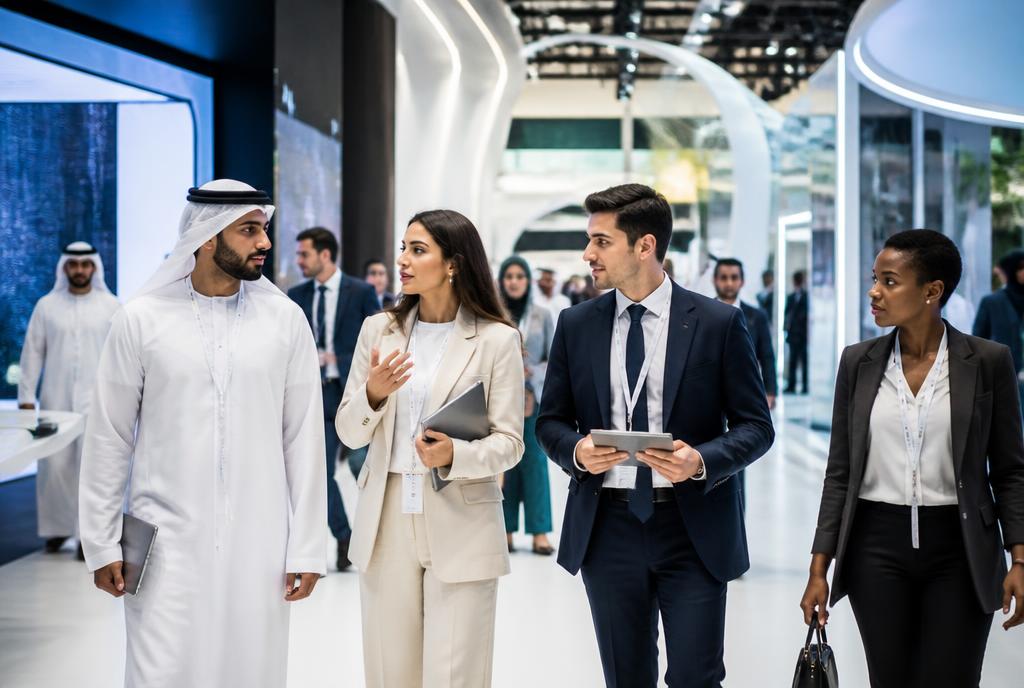 Startup delegates walking through a modern exhibition venue
