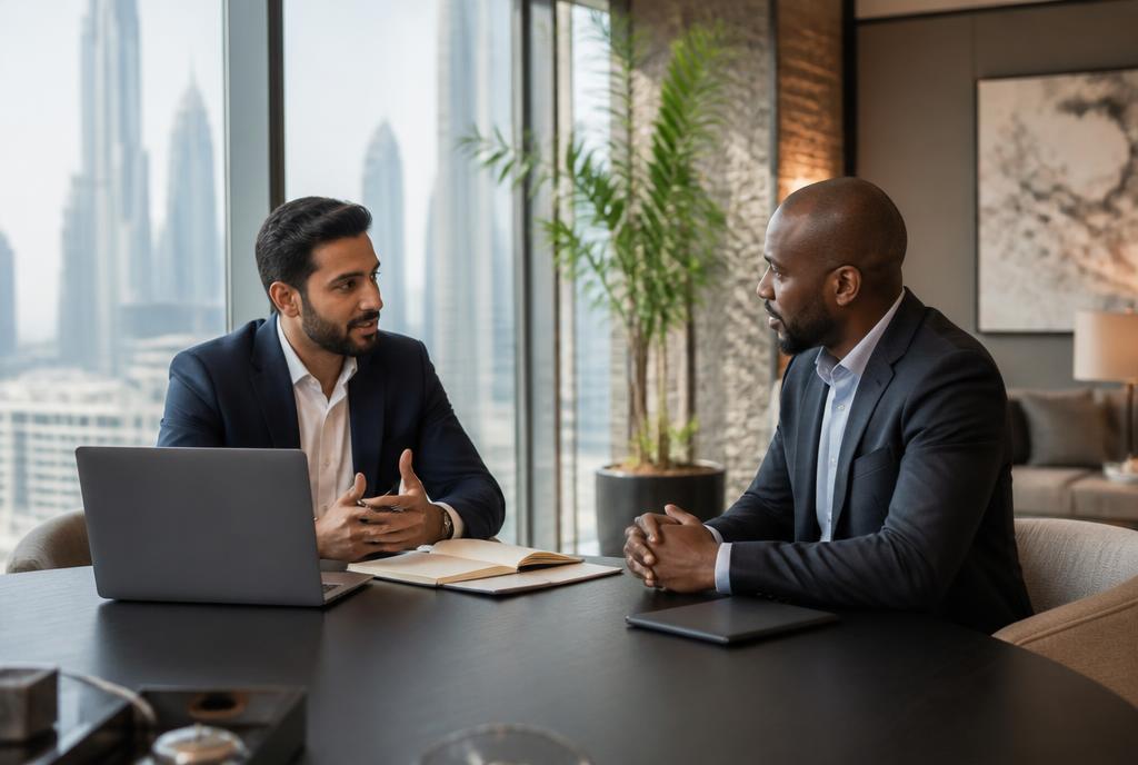 A founder and investor in a follow-up meeting